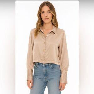 Vintage 90’s Y2K Sostanza Tan Raw 100% Silk Long Sleeve Button Up Sz L